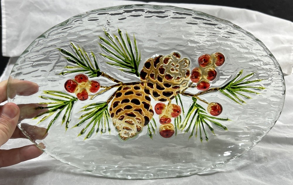 Oval Glass Platter Pinecone Design