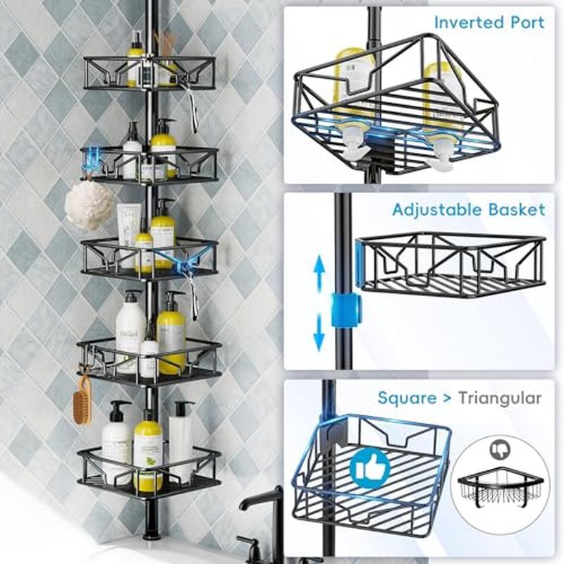 5 Tier Adjustable Corner Shower Caddy Organizer W/ Hooks Rustproof Tension Pole