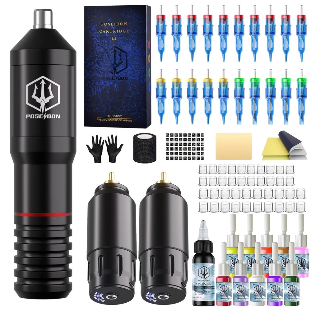 Complete Portable Tattoo Machine Set - 2 Batteries, Inks & Practice Supplies