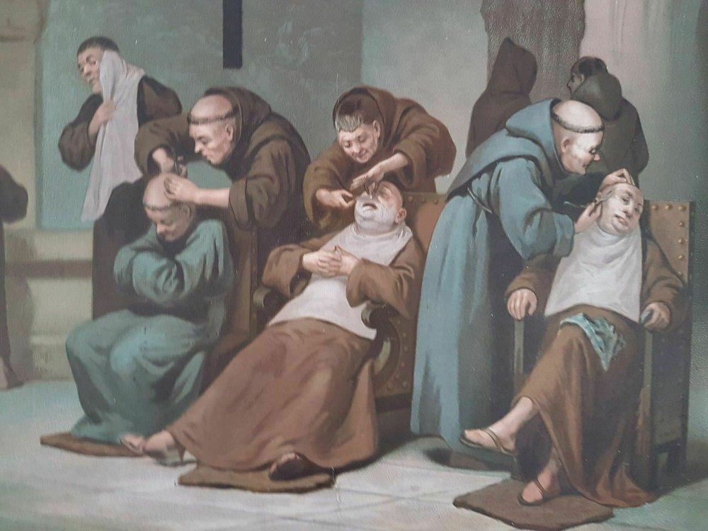 Old Engraving "Religious Scene" Monks