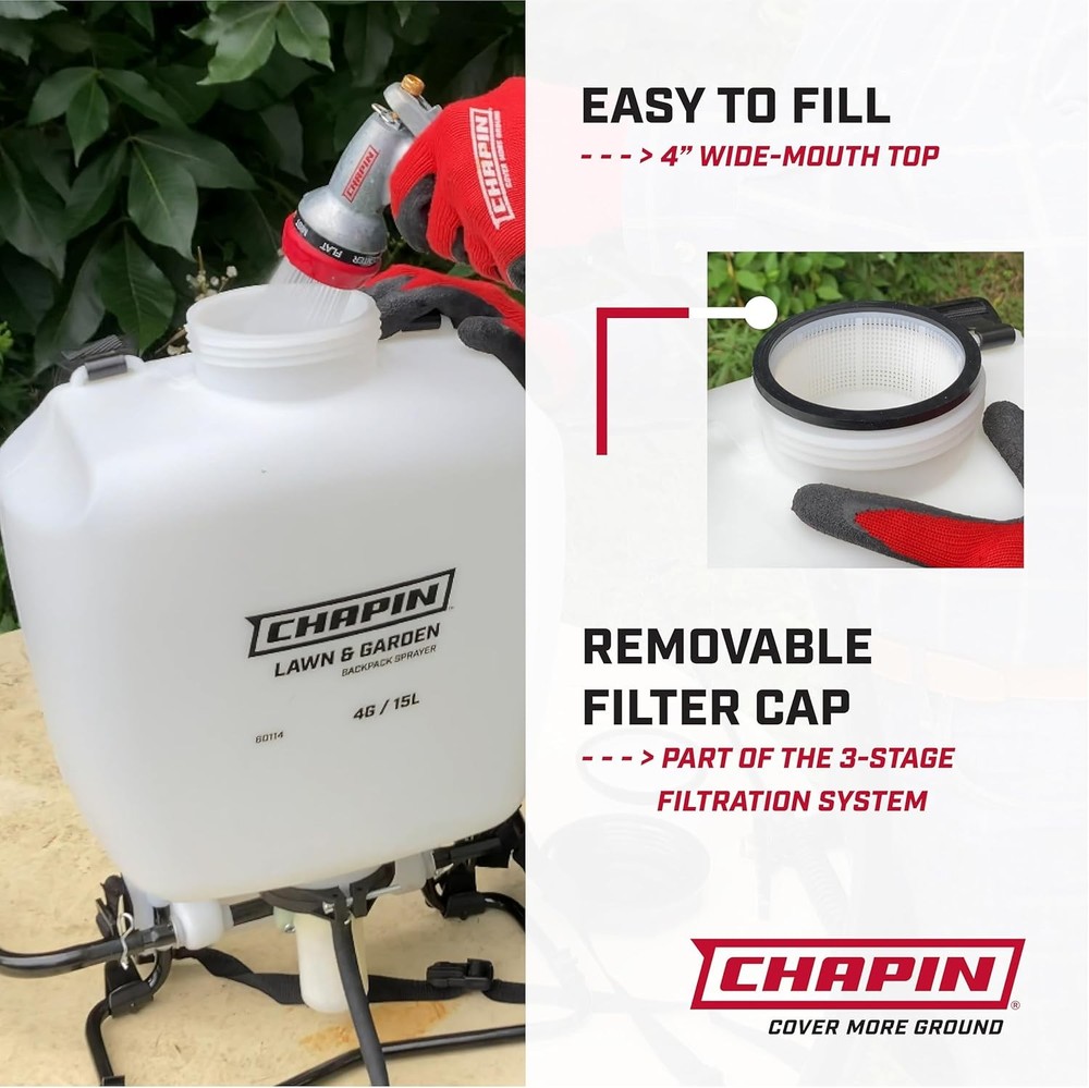 Backpack Sprayer, 4‑Gallon Pump Sprayer, Translucent Poly Tank,