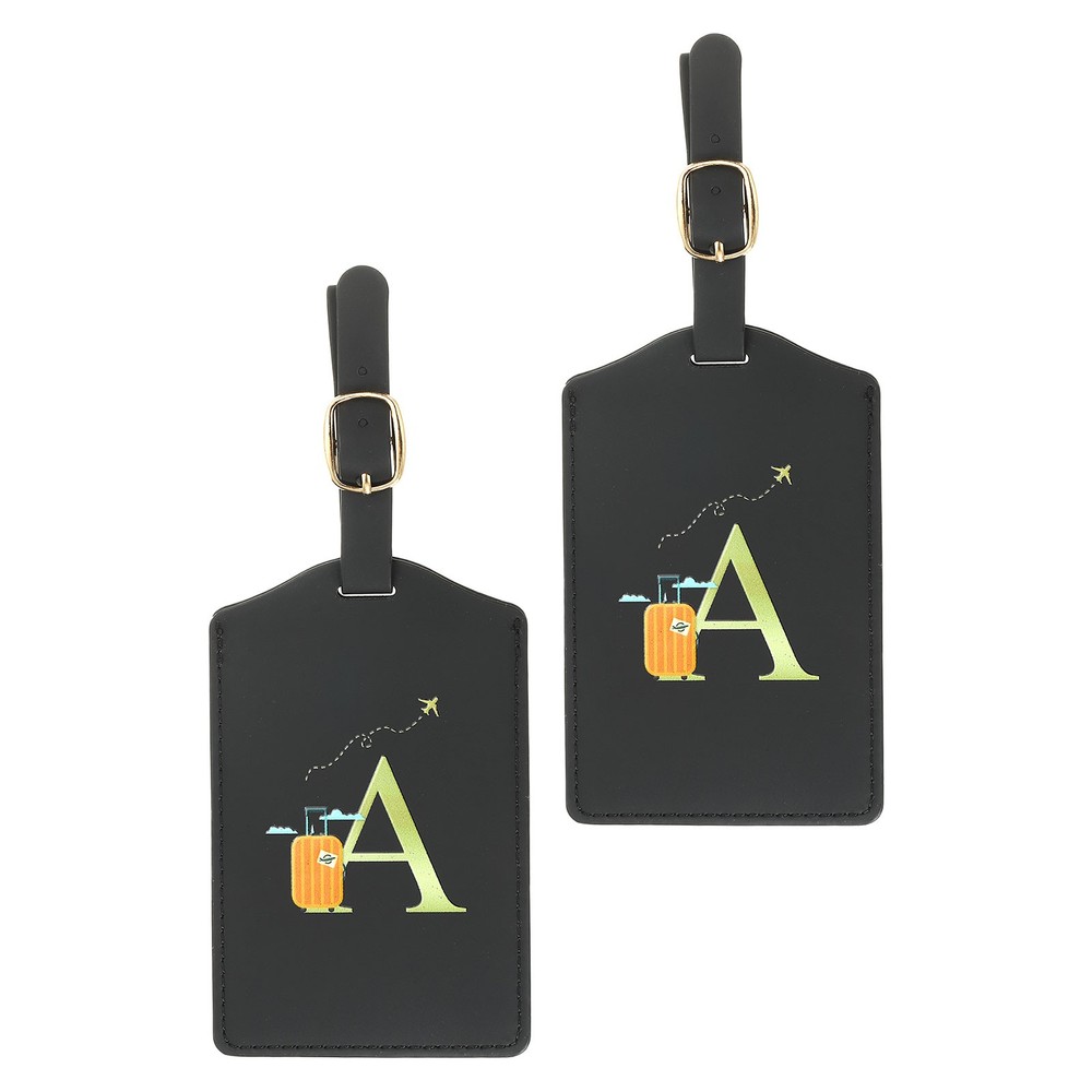 2 Pack Initial Luggage Tags, Letter PU Leather Suitcases Tags, Black (A)