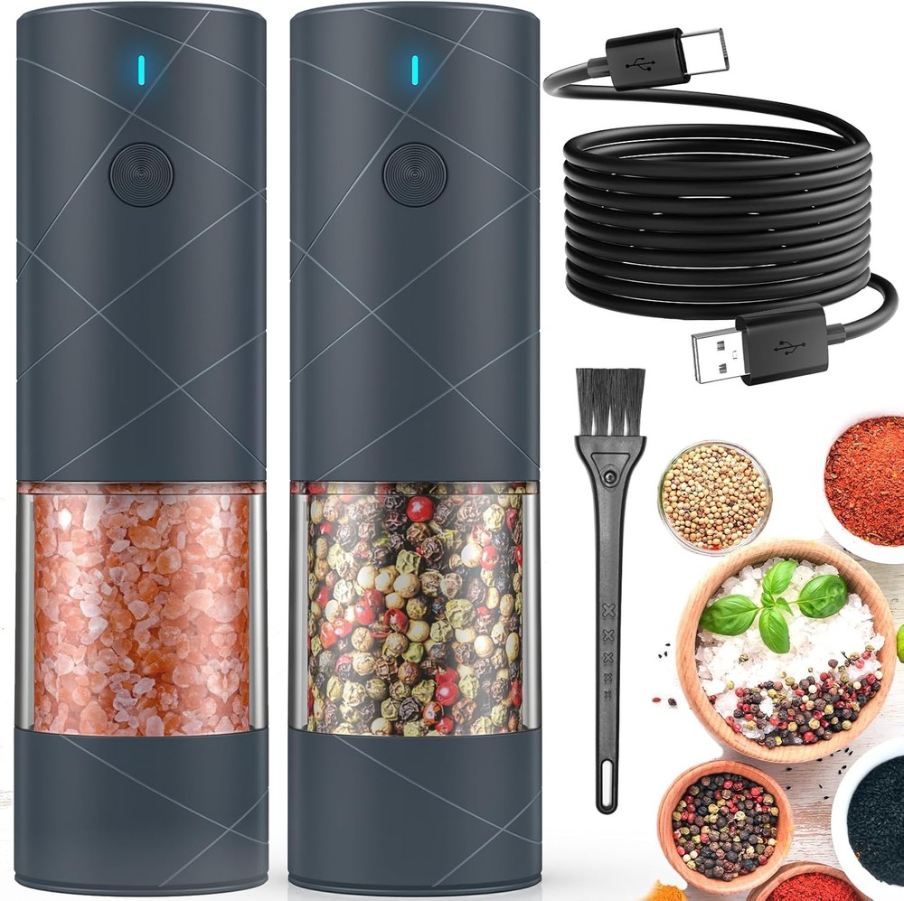2Pack Electric Salt and Pepper Automatic Grinder Set USB Rechargeable with LED