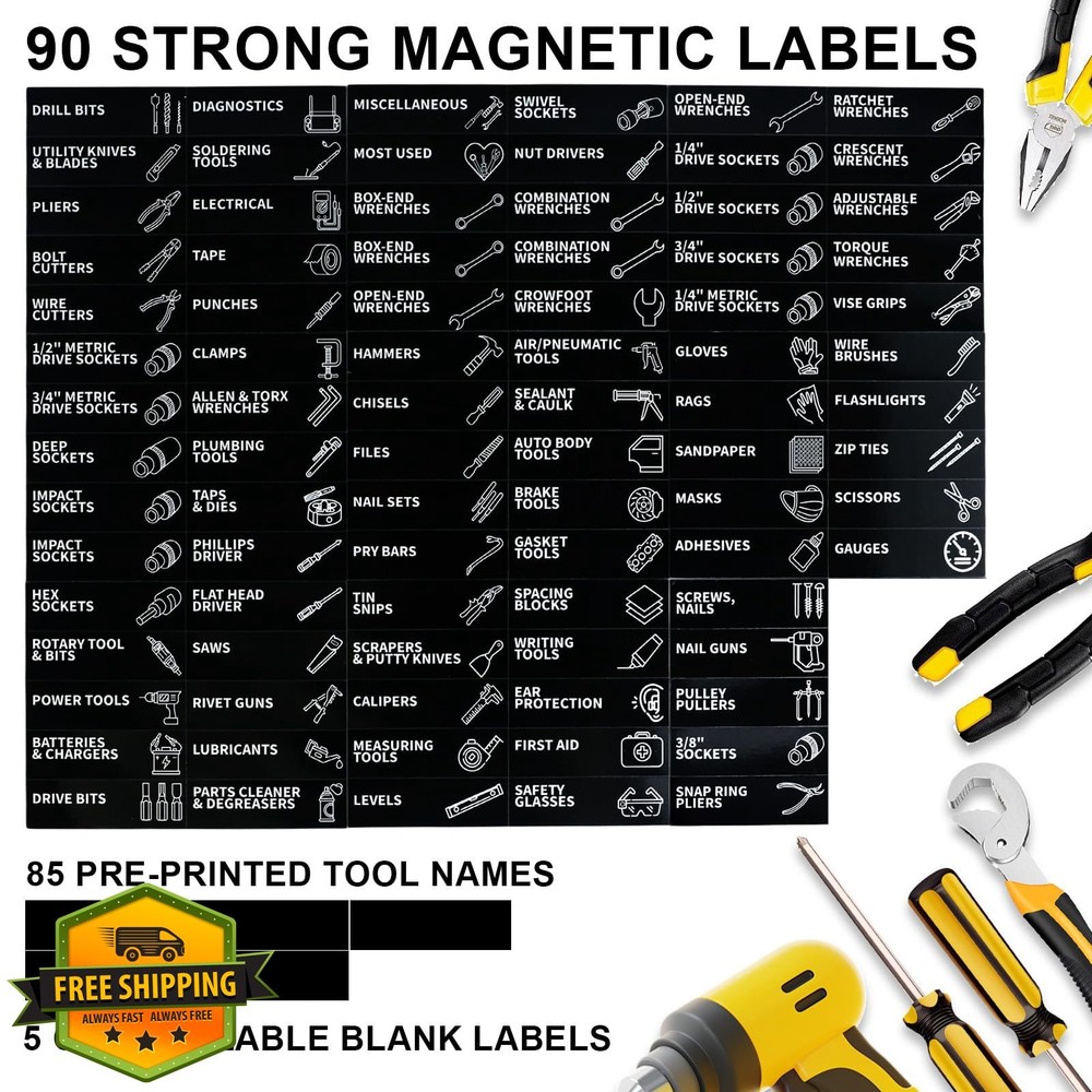 90pc Magnetic Toolbox Labels, 3.5x1 Tool Chest Drawer Stickers