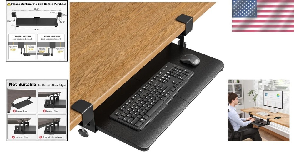 25.6" x 11.8" Pull-Out Keyboard & Mouse Platform with C-Clamp Installation