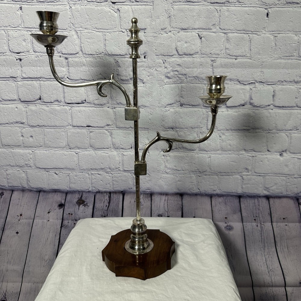 Vintage Adjustable Silver Plate SP Candelabra On Wood Base