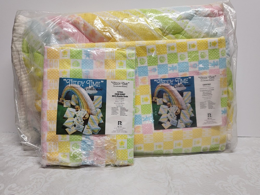Vintage Rainbow "Teddy Time" Three Piece Crib Set. Designed By Hallmark.