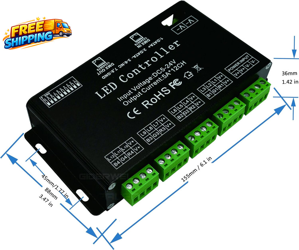12 Channel DMX Decoder RGB Controller 60A PWM DMX512 Dimmer Driver for RGB Light