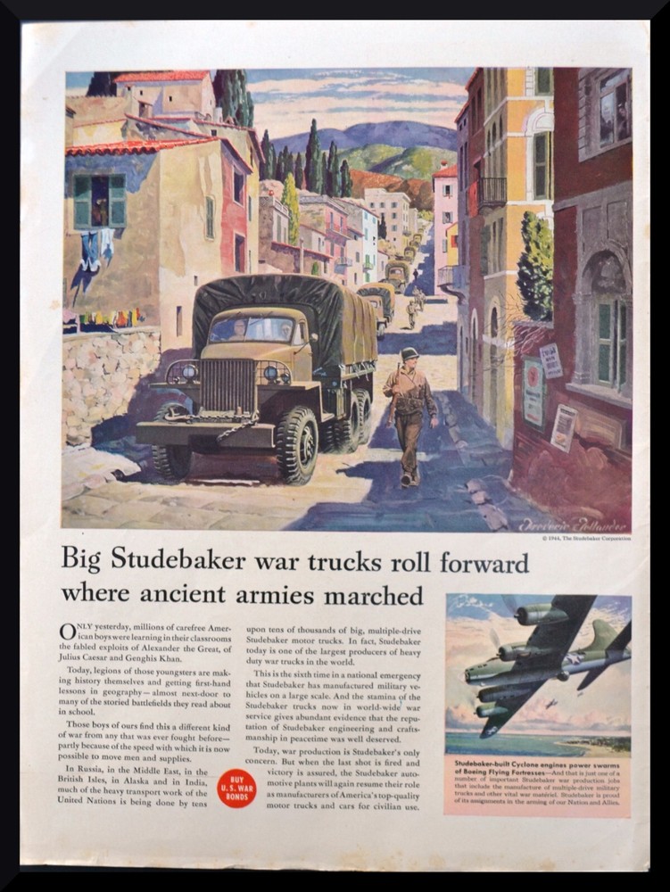 1944 STUDEBAKER Vtg Print Ad Big Studebaker war trucks Frederic Fellander Art
