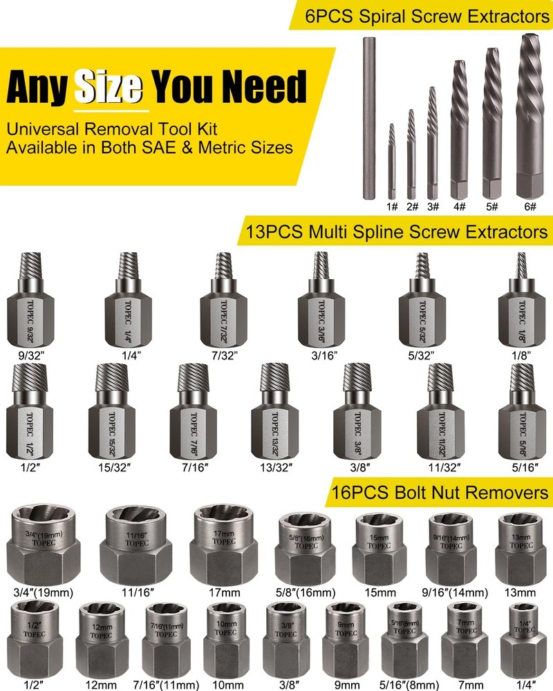 Topec 36Pcs Screw & Bolt Extractor Kit, 3-in-1 Easy Out 36 PCS