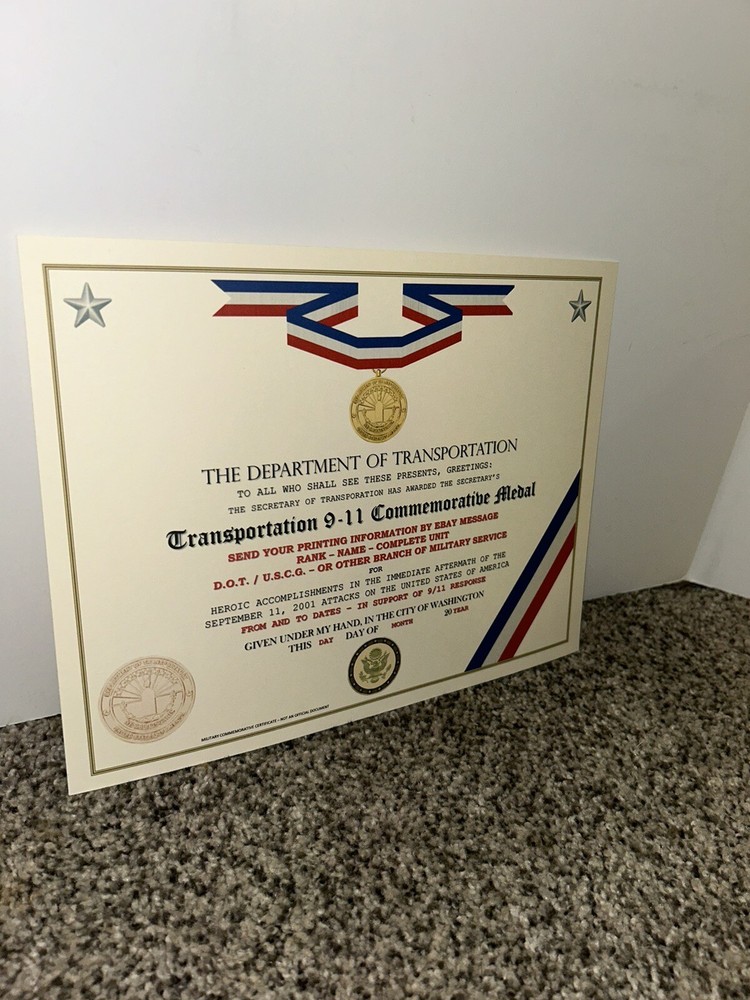 TRANSPORTATION 9-11 MEDAL COMMEMORATIVE CERTIFICATE ~ TYPE-2 / W/PRINTING