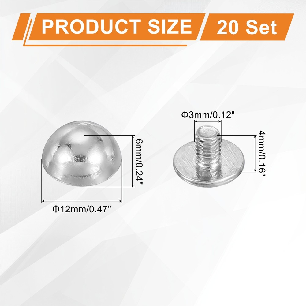 1/2" Dome Spikes Studs, 20 Sets Nailhead Screw Back Rivets for Craft, Silver