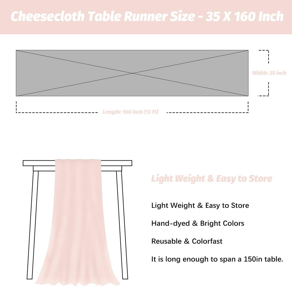 Light Pink Cheesecloth Table Runner10Ft Gauze Table Runners for Wedding Brida...