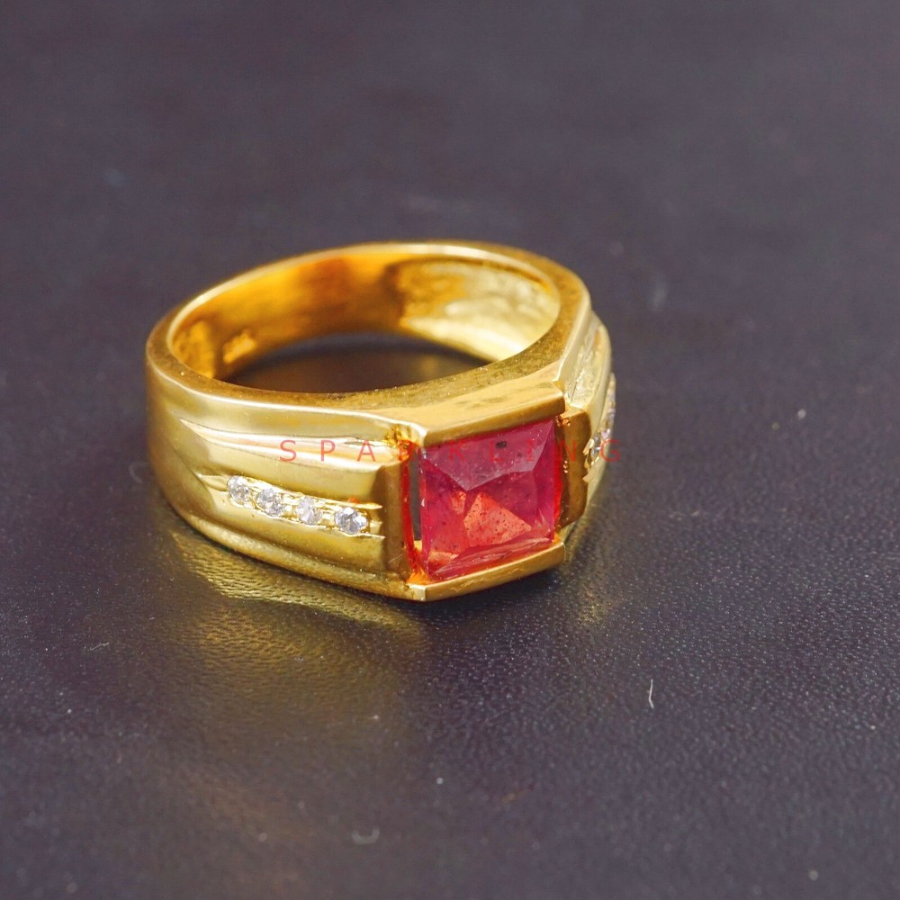 Ruby Cushion Cut With 925 Sterling Silver Gold Plated Ring For Men's #E532