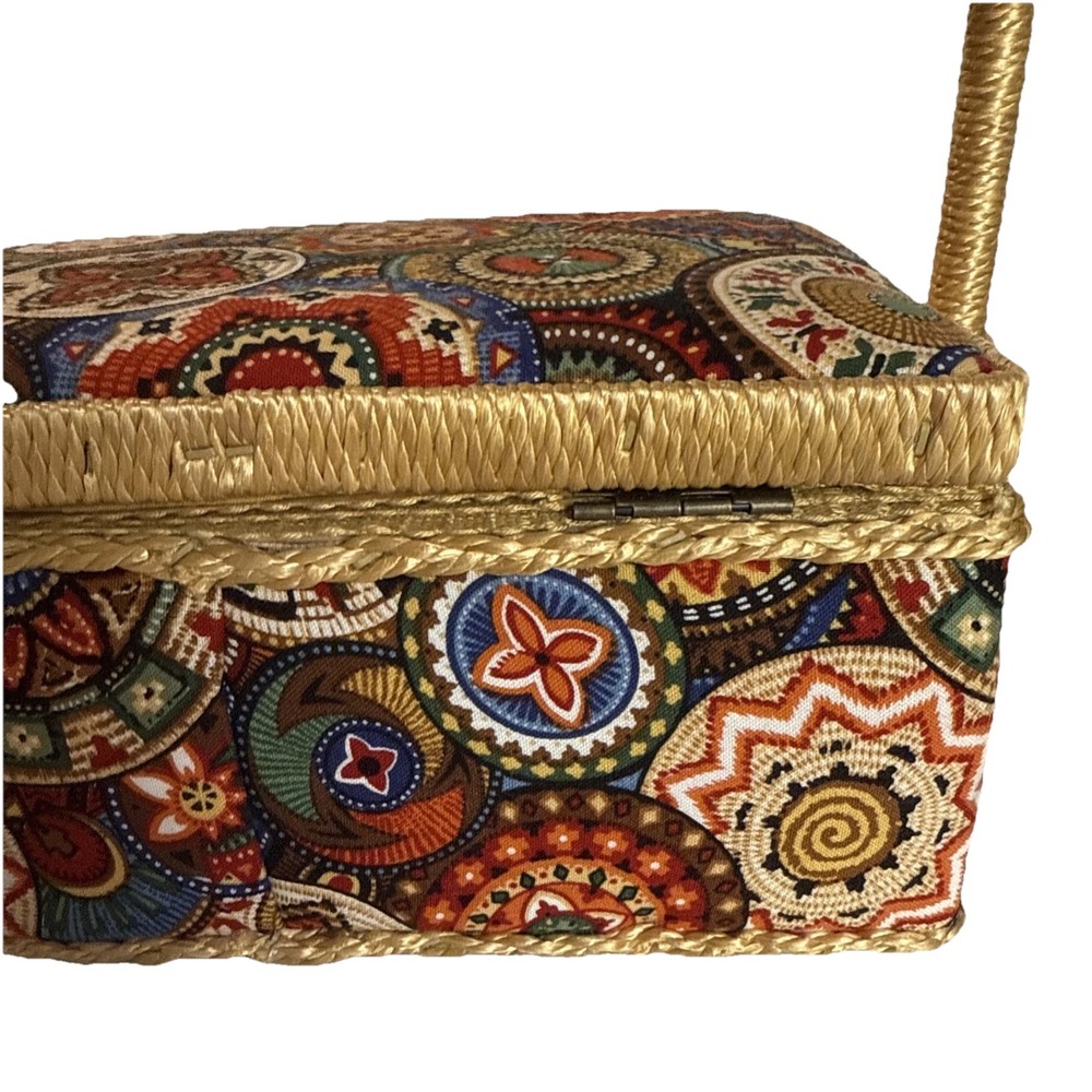 Sewing Basket Fabric Covered Rectangular Straps Handle Plastic Insert