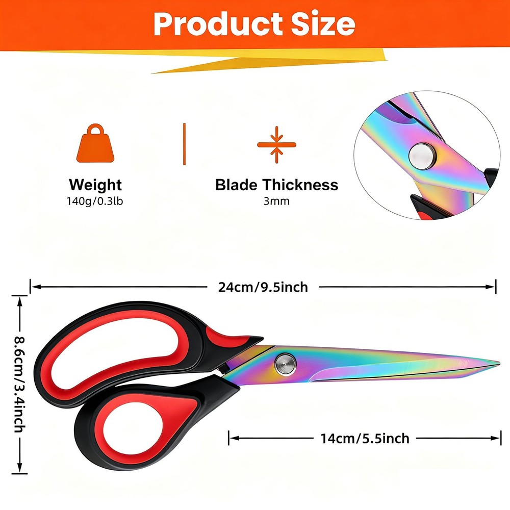 Scissors Multi-Purpose, 9.5" Sharp Sewing Scissors, Professional Heavy Red