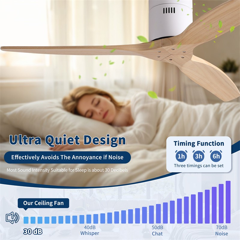 52 in Modern Flush Mount Solid Wood Ceiling Fan No Light Reversible with Remote