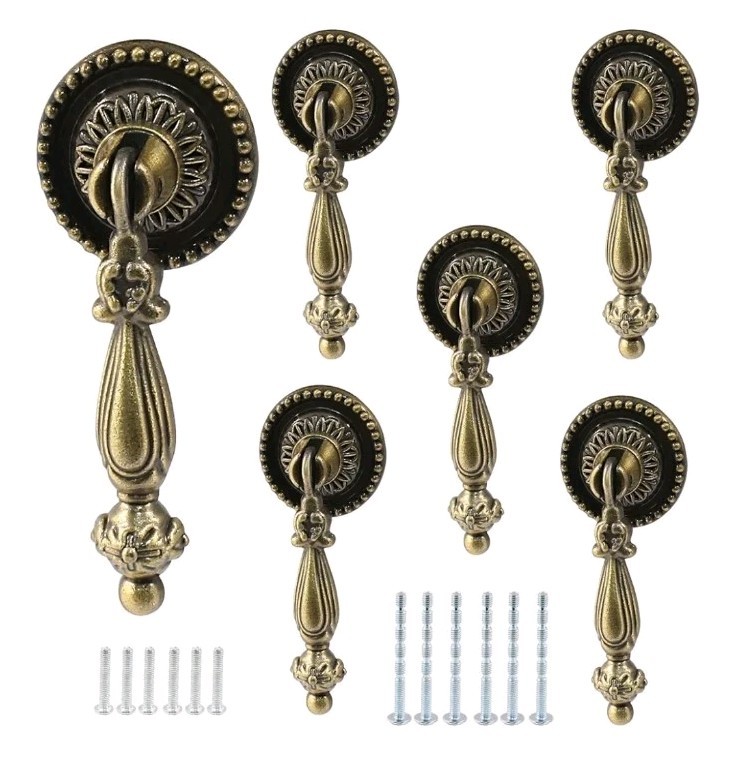 6PCS Antique Style Tear Drop Pulls - Vintage Cabinet Decorative Pull Handle Knob