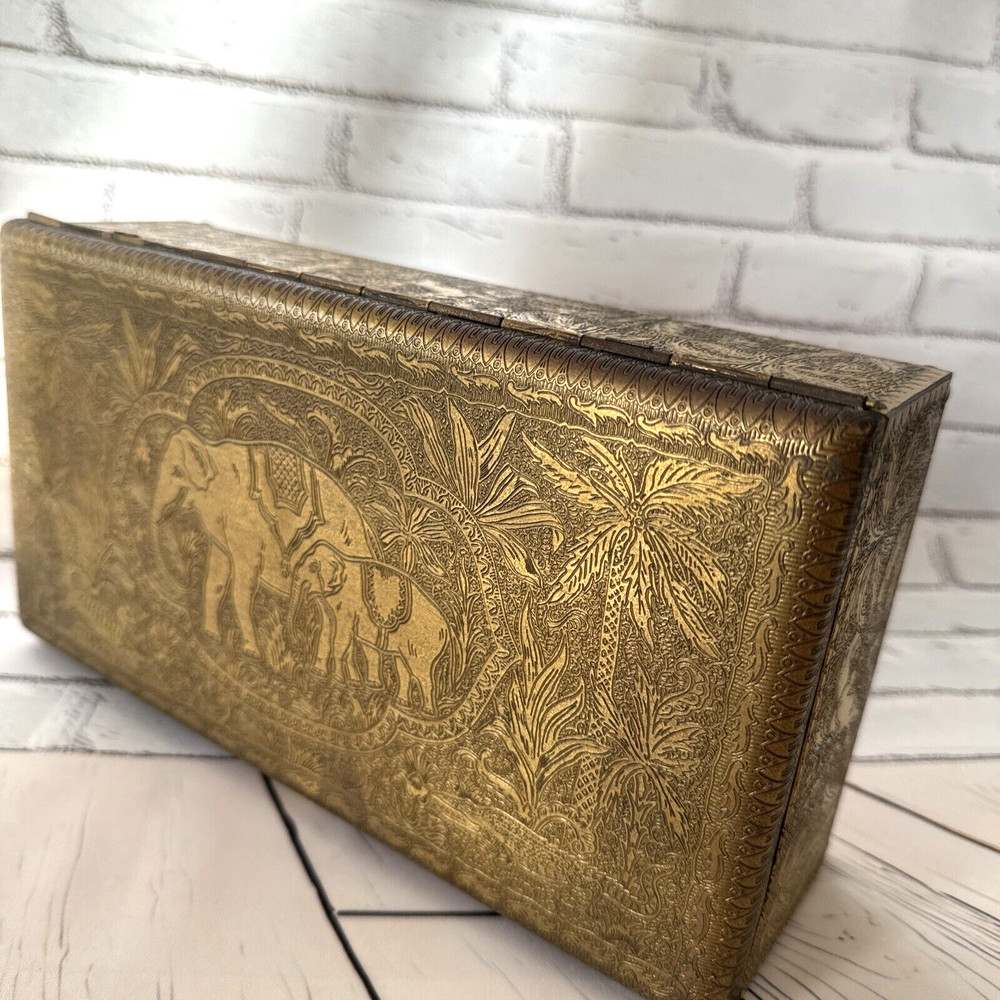HAND TOOLED ENGRAVED SOLID BRASS STASH BOX CHEST ELEPHANT OX LION ELK HUNTER