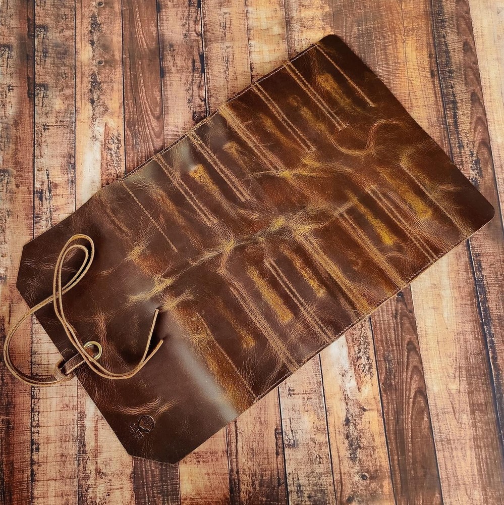 12 Pocket Leather Tool Roll for Mechanics - Compact & Durable Tool Storage.