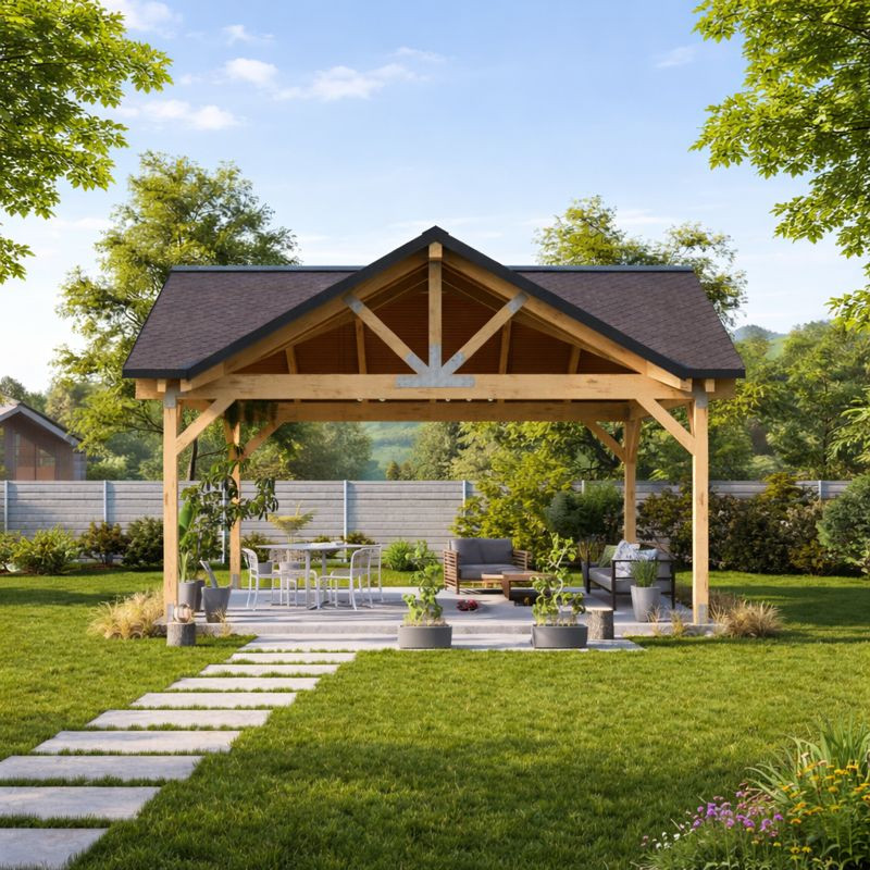 3 Gable Backyard Pavilion plans-Post and Beam Covered Patio Construction Bluepri