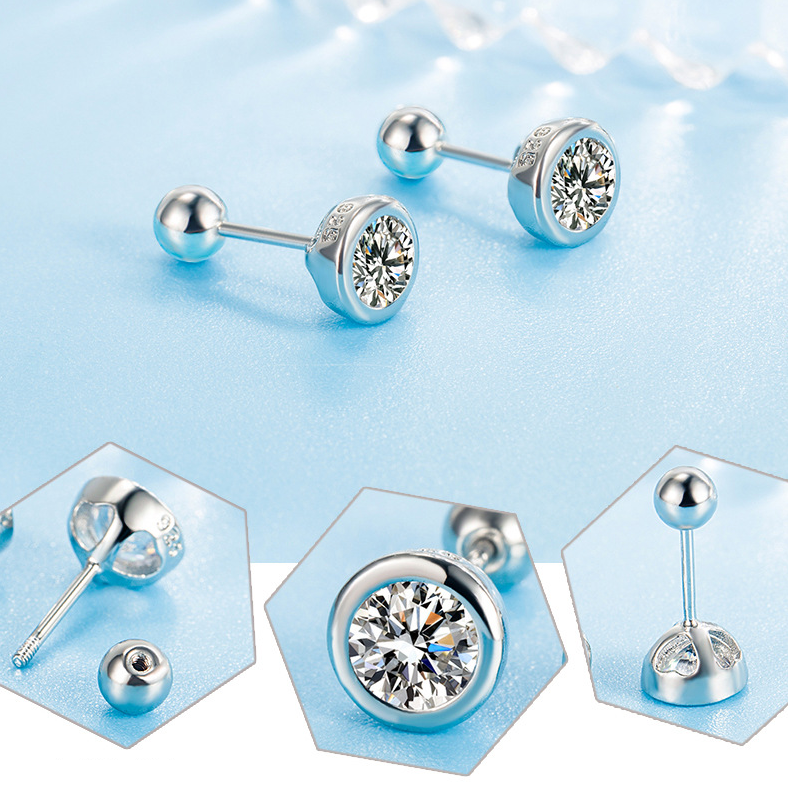 STERLING SILVER Tiny 6mm Round Bezel CZ SCREW BACK STUD EARRINGS Gift PE63
