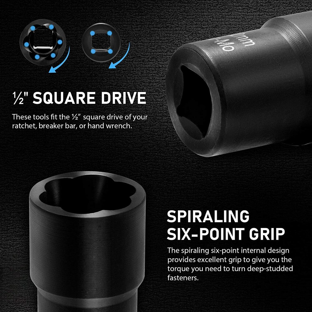 7pc Thin Wall Deep Impact Lug Nut & Twist Socket Set Bolt Extractor Stripped Nut