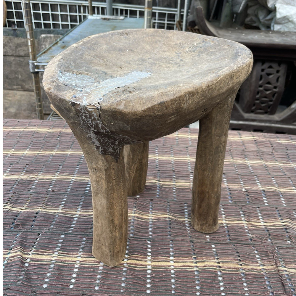 Antique Handmade Wooden Stool Primitive Rustic Three-Legged Brown