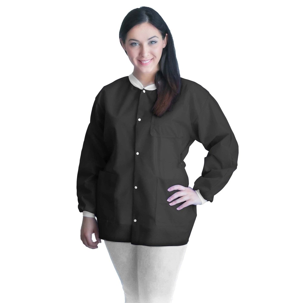 Lab Jacket FitMe Black Large Hip Length 3-Layer SMS Disposable (BG/10)