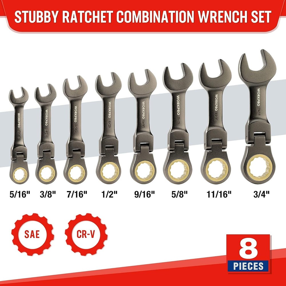 WORKPRO 8PCS Flex-Head Stubby Ratcheting Combination Wrench Set w/Rolling Pouch
