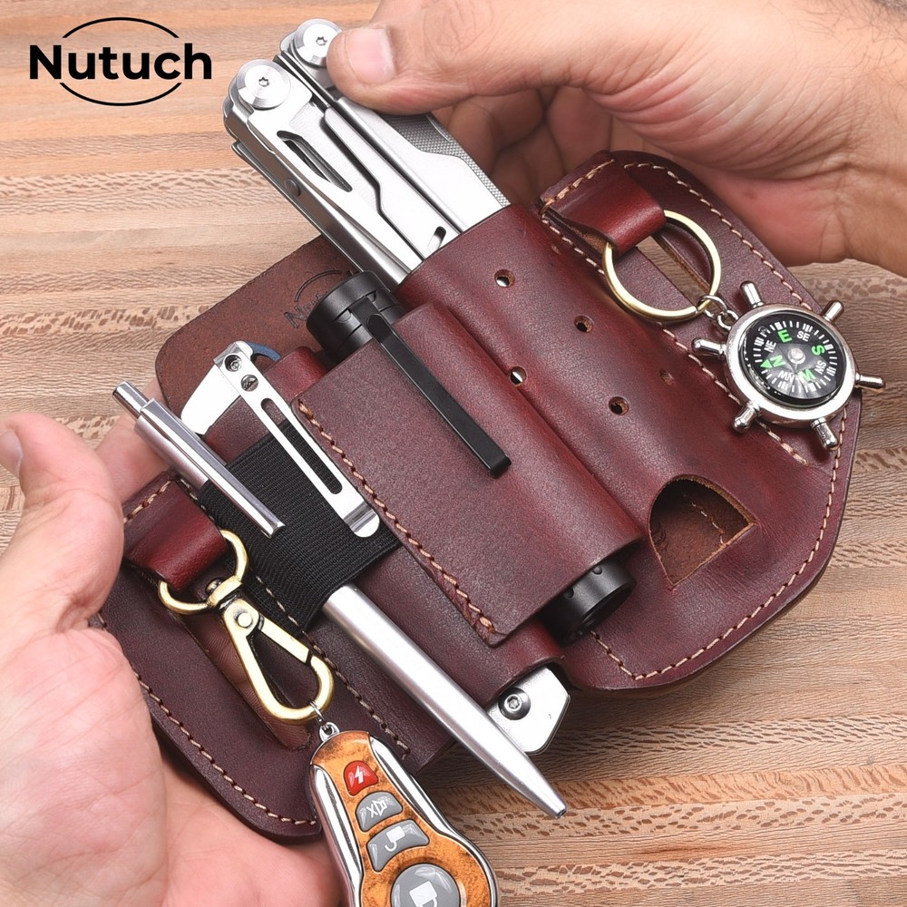 NUTUCH Leather EDC Multitool Sheath | Leather EDC Belt Organizer | Flashlight