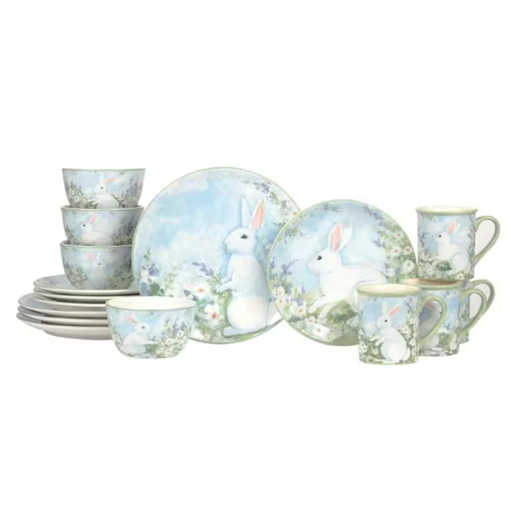 Easter Morning 16-Piece Assorted Colors Earthenware Dinnerware Set (Service for