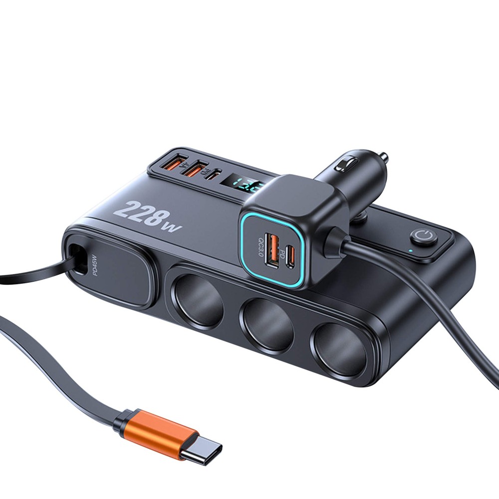 Multi Function Car Charger 9-in-1 with 3 Cigarette Lighter Sockets 6 USB 228W