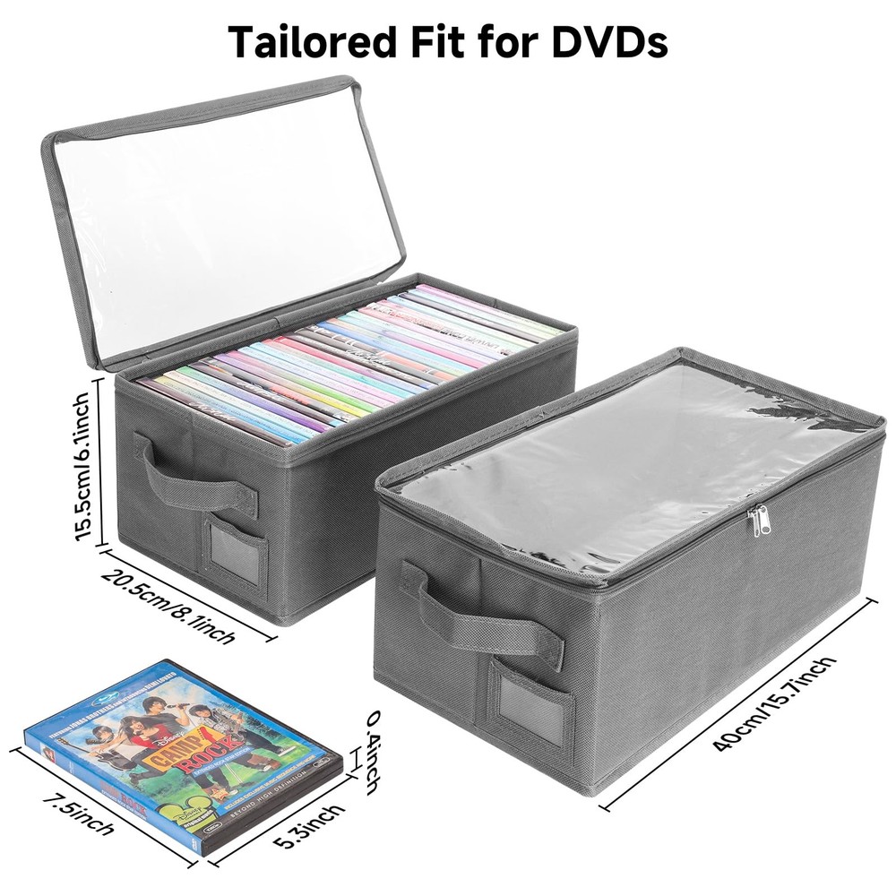 4 PCS Gray DVD Storage Box Case Clear PVC Lid Shelf Organizer Stackable