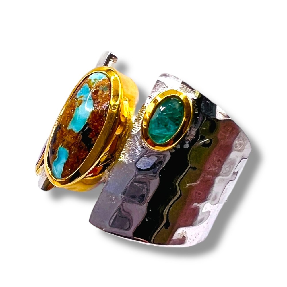 Two Tone Sterling Silver Blue Turquoise Emerald Ruby Ring Handmade -6500