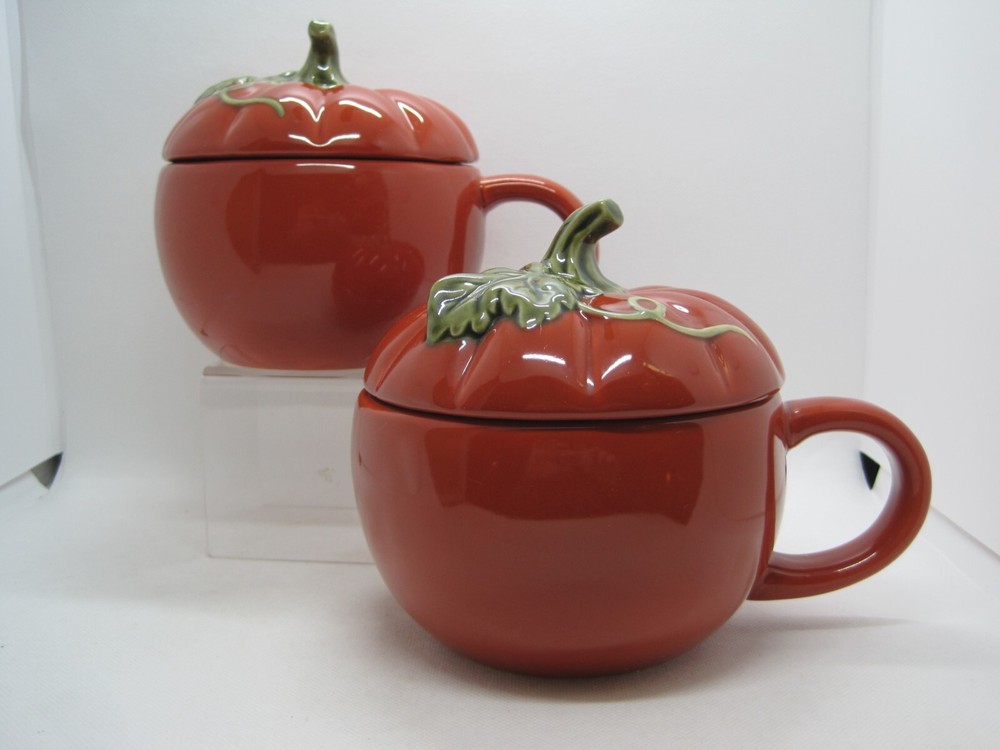 2 Ceramic Pumpkin Covered Mugs Harvest Fall Decor