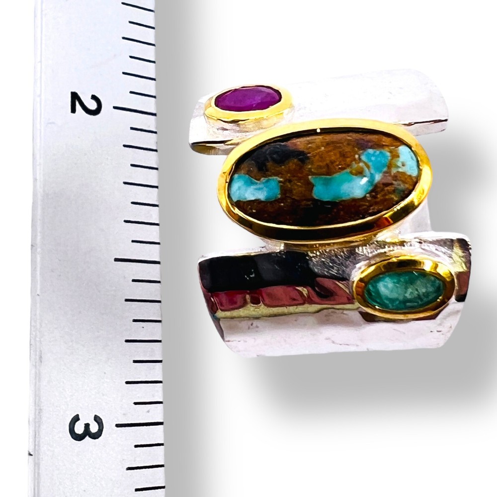 Two Tone Sterling Silver Blue Turquoise Emerald Ruby Ring Handmade -6500
