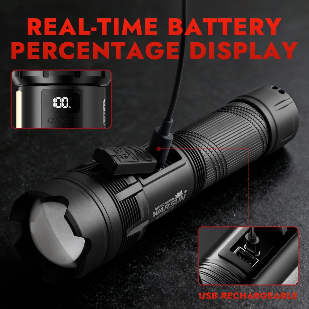 WARSUN Multi-Function Zoom Flashlight - Aluminum, Long Range Beam, Black
