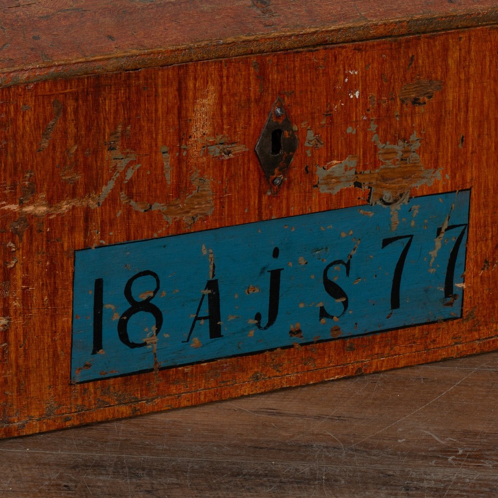 Small Original Painted Swedish Pine Dome Top Trunk dated 1877