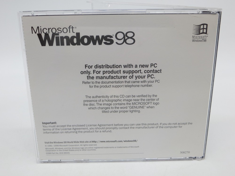 Microsoft Windows 98 Second Edition (CD-ROM, 1998) Part No. X03-77962