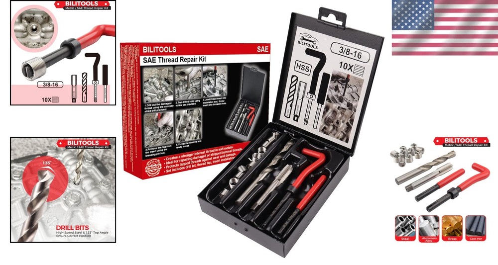 Fully Equipped 3/8-16 Thread Repair Kit with Compact Iron Case for Easy Storage