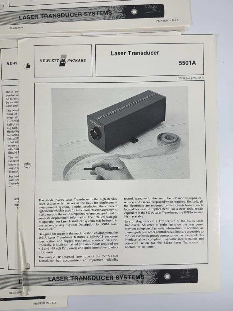 HP 5501A Laser Transducer System Products Presentation Folder Data Sheets