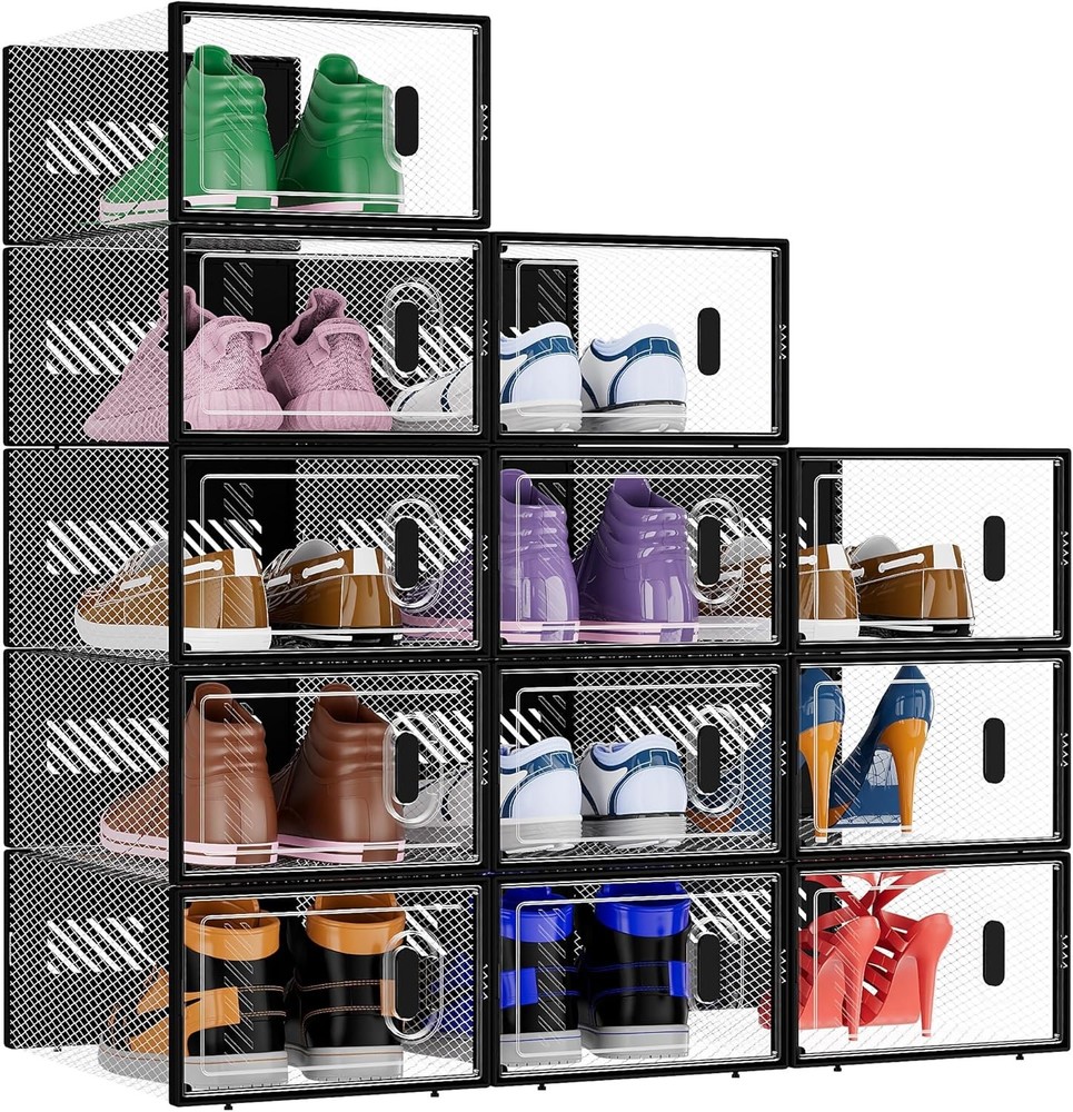 BALEINE 12 Pack Stackable Shoe Storage Boxes Large Fits Size 9-12PK, Black