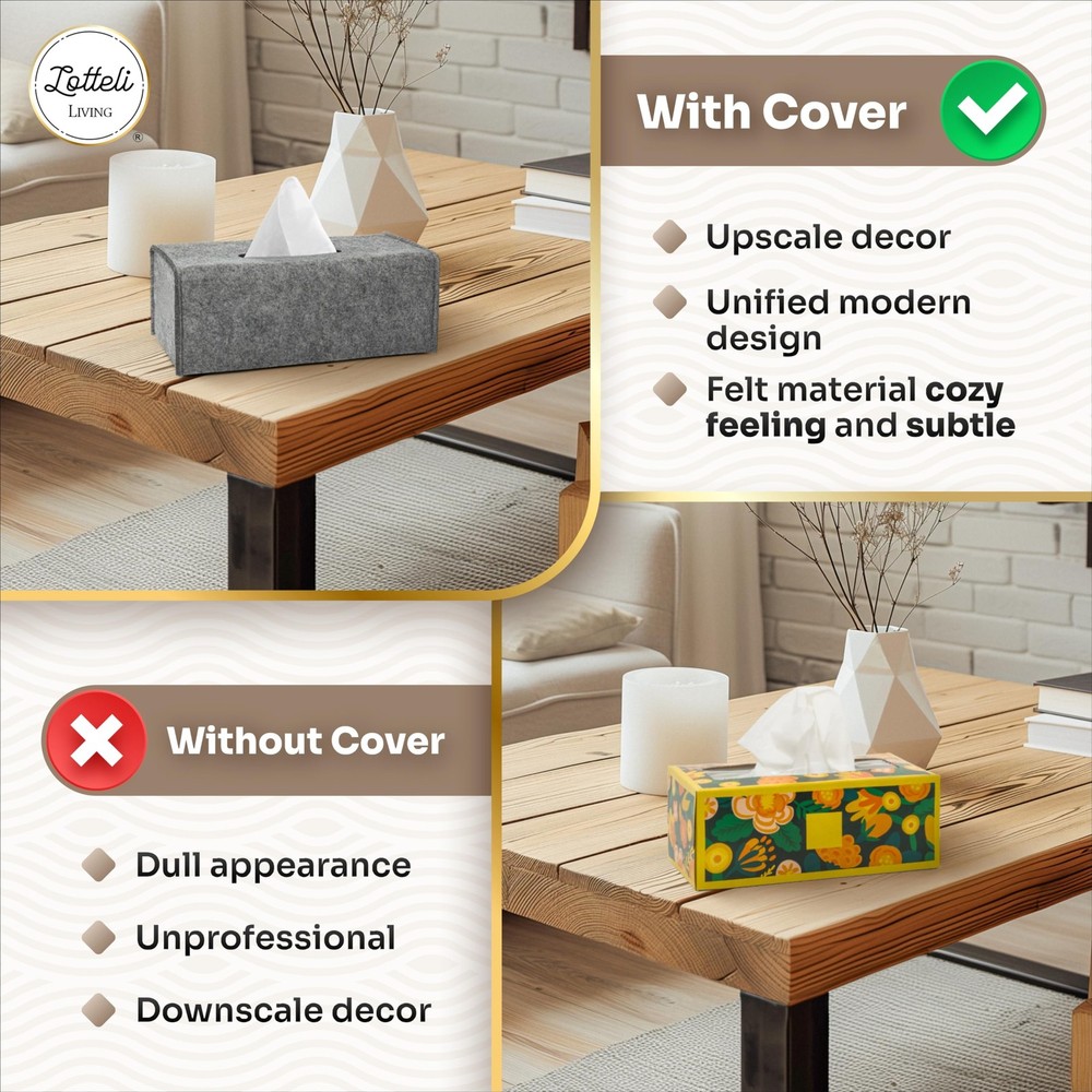 2 Pack Tissue Box Cover - Decorative Tissue Box Holder - Modern Felt Tissue B...