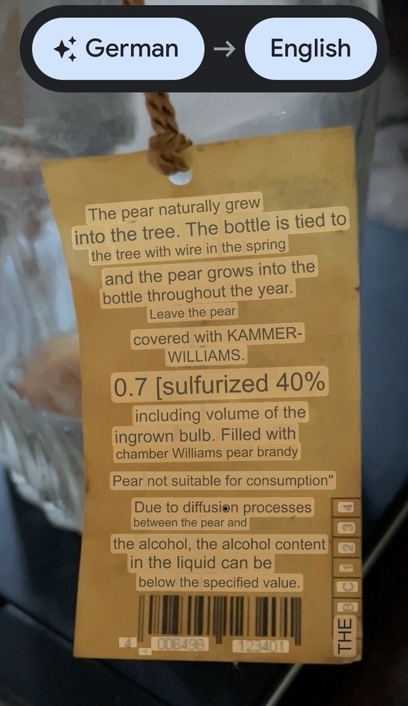 German Williams Specialty Pear Brandy with Original "In Grown Pear" EMPTY Bottle