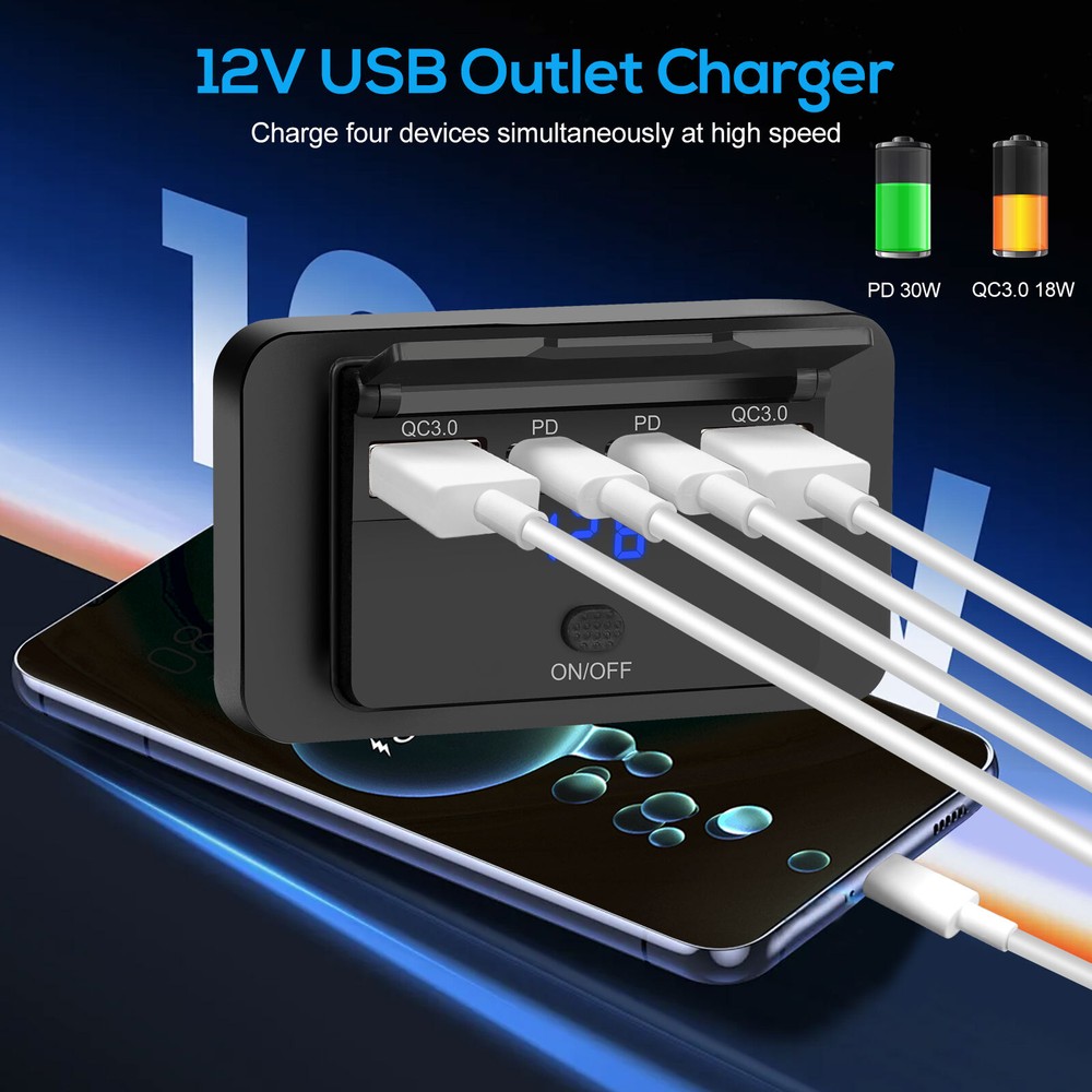 12-24V QC3.0 & PD USB Fast Charger Socket Panel Car Power Outlet LED Voltmeter