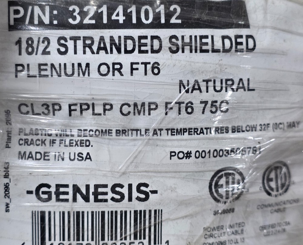 Southwire Genesis 3214 18/2C Plenum Shielded Security/Control Cable White /100ft