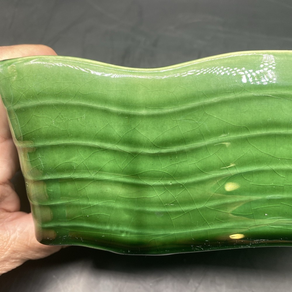 McCoy USA Green Ruffled Edge Striped Rectangular Pottery Planter Vase