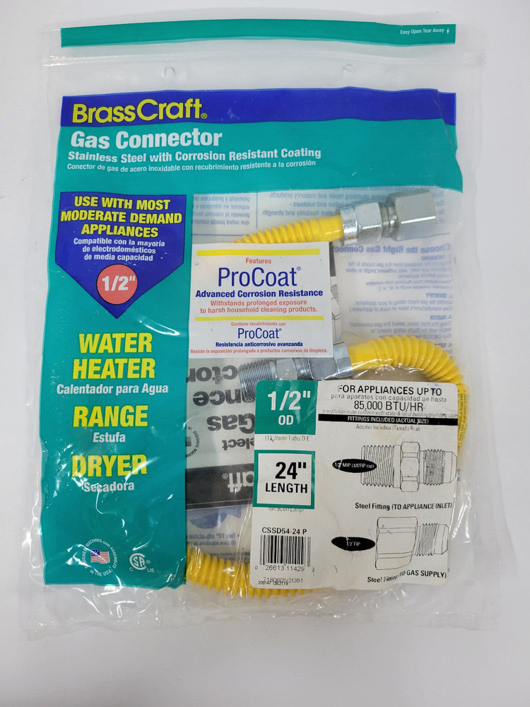 NEW **  Brasscraft Coated Stainless Steel  1/2” OD X 24” Long Gas Connector