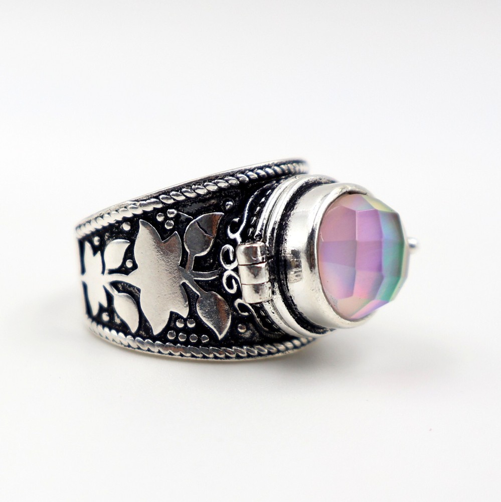 Aurora Opal Poison Ring, 925 Silver Platted Ring, Compartment Pill Box Ring